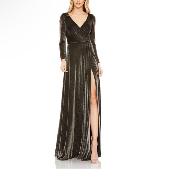 Mac Duggal Black Gold Long Sleeve Faux Wrap A-Line Evening Gown - Reemoly